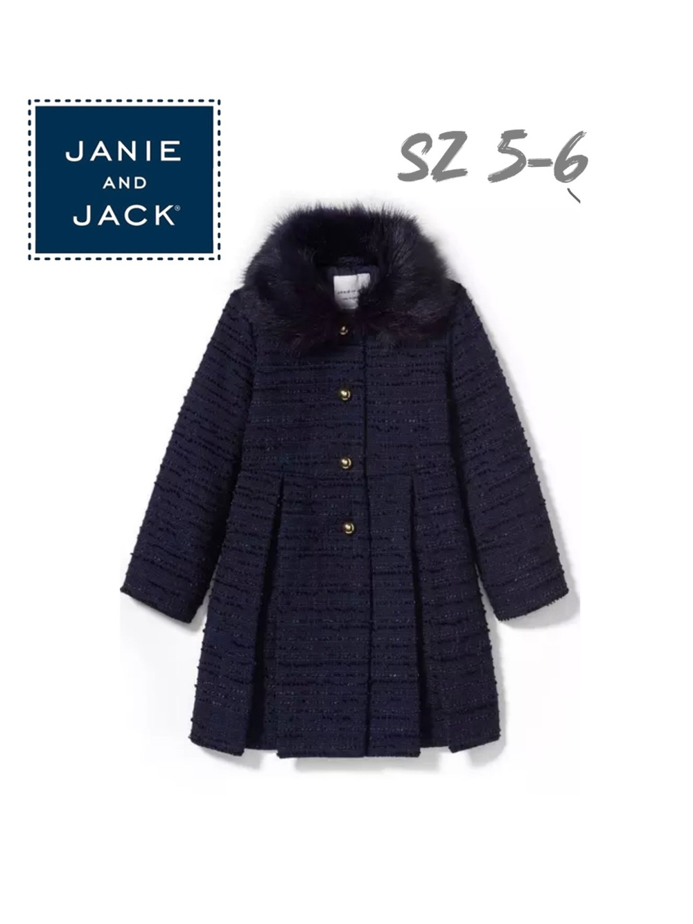 JJ Janie and Jack sz 5-6 Faux Fur Collar Bouclé Coat navy blue